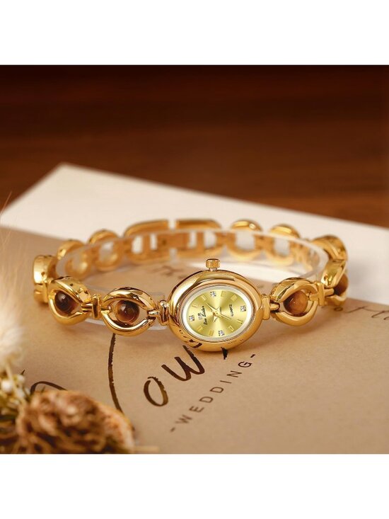 Women\'s Brown Gold Vintage Bracelet Elegant Jade Oval Dial Quartz Wrist Watch main image 5